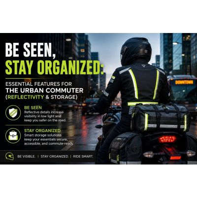 Urban gear features showing reflective panels and storage pockets designed for motorcycle commuters