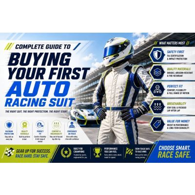 Driver checking fit of auto racing suit while seated in race car cockpit for proper sizing