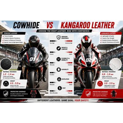 Comparison of cowhide and kangaroo leather motorcycle suits showing material thickness, weight, and protective coverage for riders