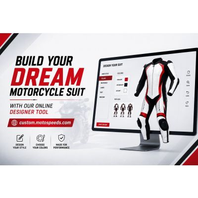 Rider customizing leather motorcycle suit using online designer tool to adjust fit and armor placement