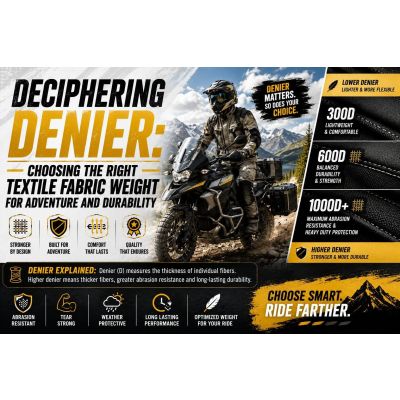 Motorcycle textile fabric denier weight and construction for protective gear durability