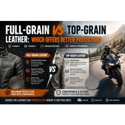 Full-grain leather motorcycle suit showing natural surface texture and protective construction for crash abrasion resistance