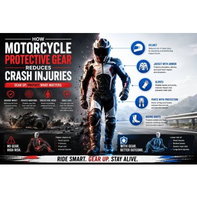 Motorcycle protective gear showing reinforced stitching, CE armor placement, and abrasion-resistant leather construction for crash injury reduction