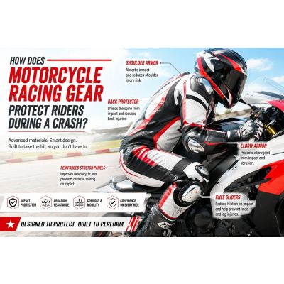 Motorcycle racing gear with protective armor and reinforced leather for crash safety