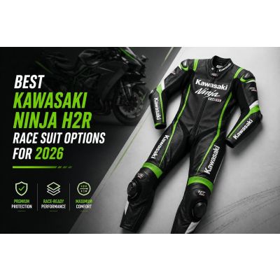 Kawasaki Ninja H2R race suit with reinforced leather panels and integrated armor positioning for high-speed track riding