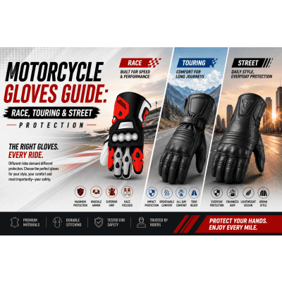 Motorcycle gloves guide showing protective features and armor placement for race, touring, and street riding