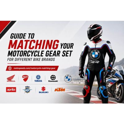 Rider in matching motorcycle racing suit and protective gear showing proper fit and armor placement for track and road riding