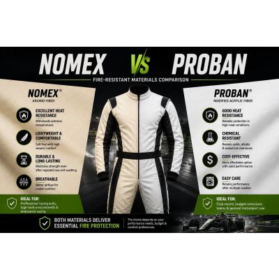 Nomex vs Proban fire-resistant racing suit materials comparison for motorsport drivers