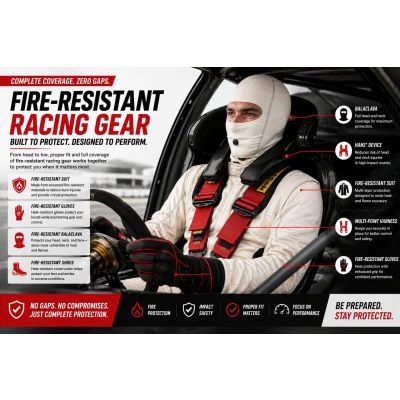 Racing suit and gloves fitted properly with HANS device and harness for motorsport safety