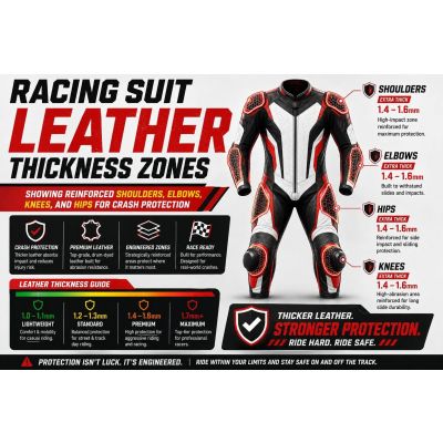 Racing suit leather thickness zones showing reinforced shoulders, elbows, knees, and hips for crash protection