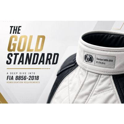 FIA 8856-2018 certified fire-resistant racing suit with homologation label showing motorsport safety standard