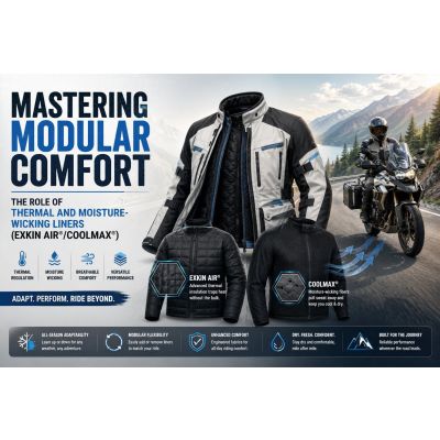 Modular touring liner with moisture-wicking technology inside a motorcycle racing suit showing thermal insulation and comfort features