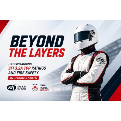 SFI 3.2A TPP fire-resistant racing suit showing proper fit and layering for driver safety