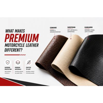 Premium motorcycle leather protective suit showing reinforced stitching, armor placement, and quality construction