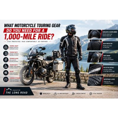Touring motorcycle gear showing protective armor placement and abrasion-resistant materials for long-distance riding safety