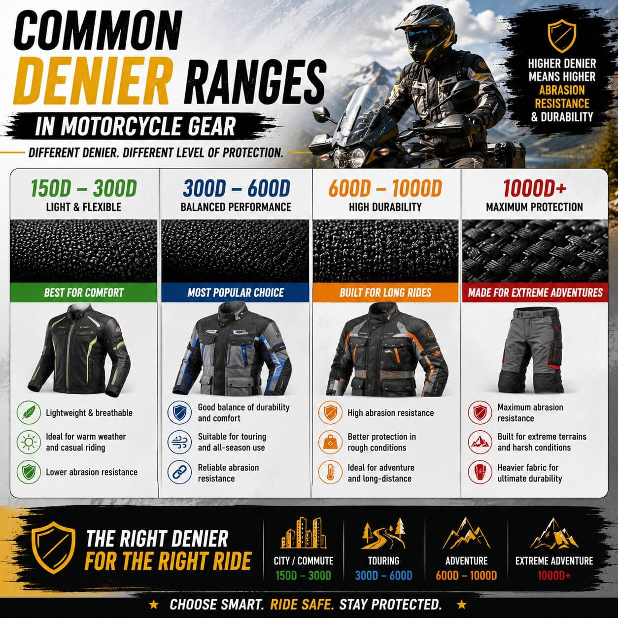 Common Denier Ranges in Motorcycle Gear