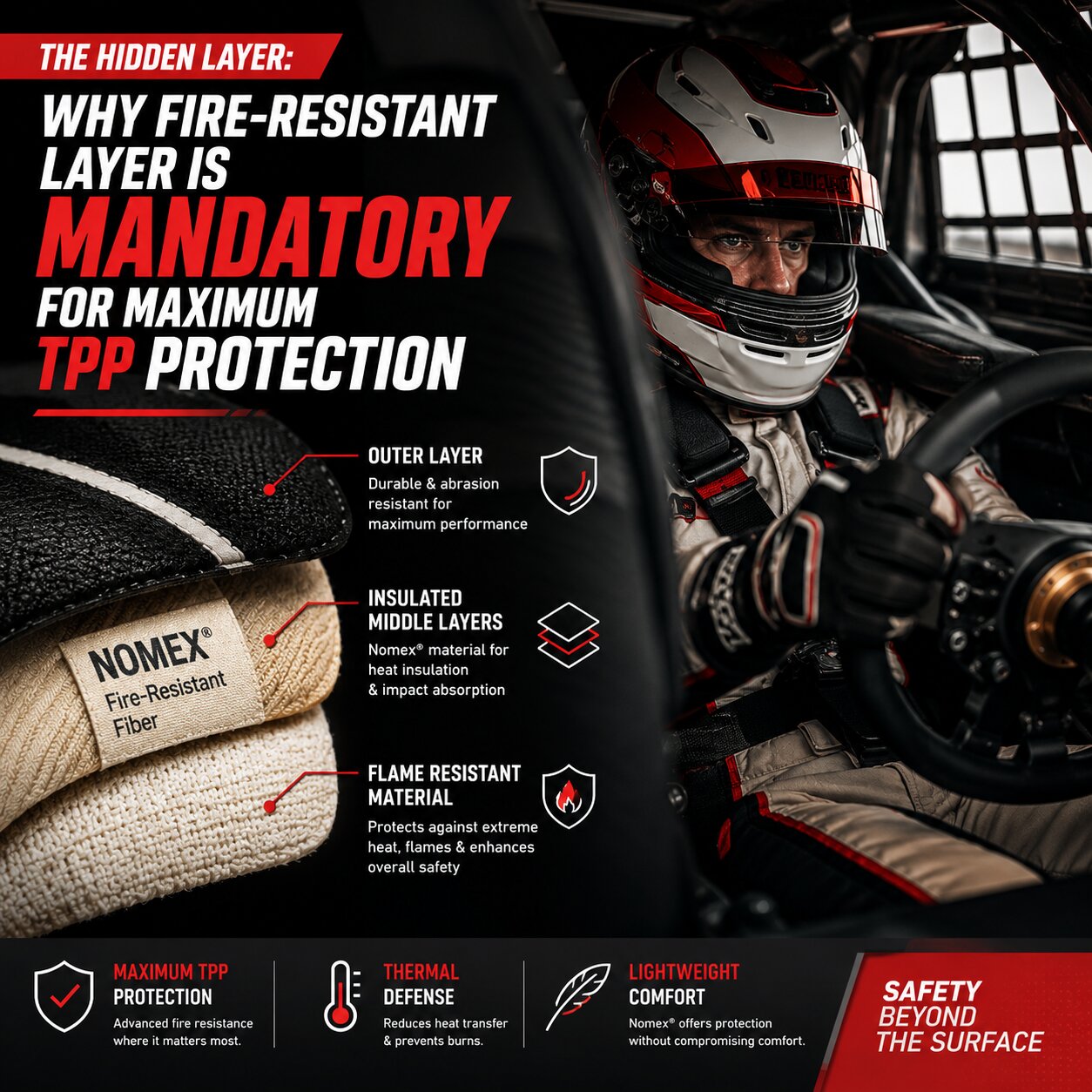 Fire Resistant Layer in Racing Suit Providing Thermal Protection for Drivers