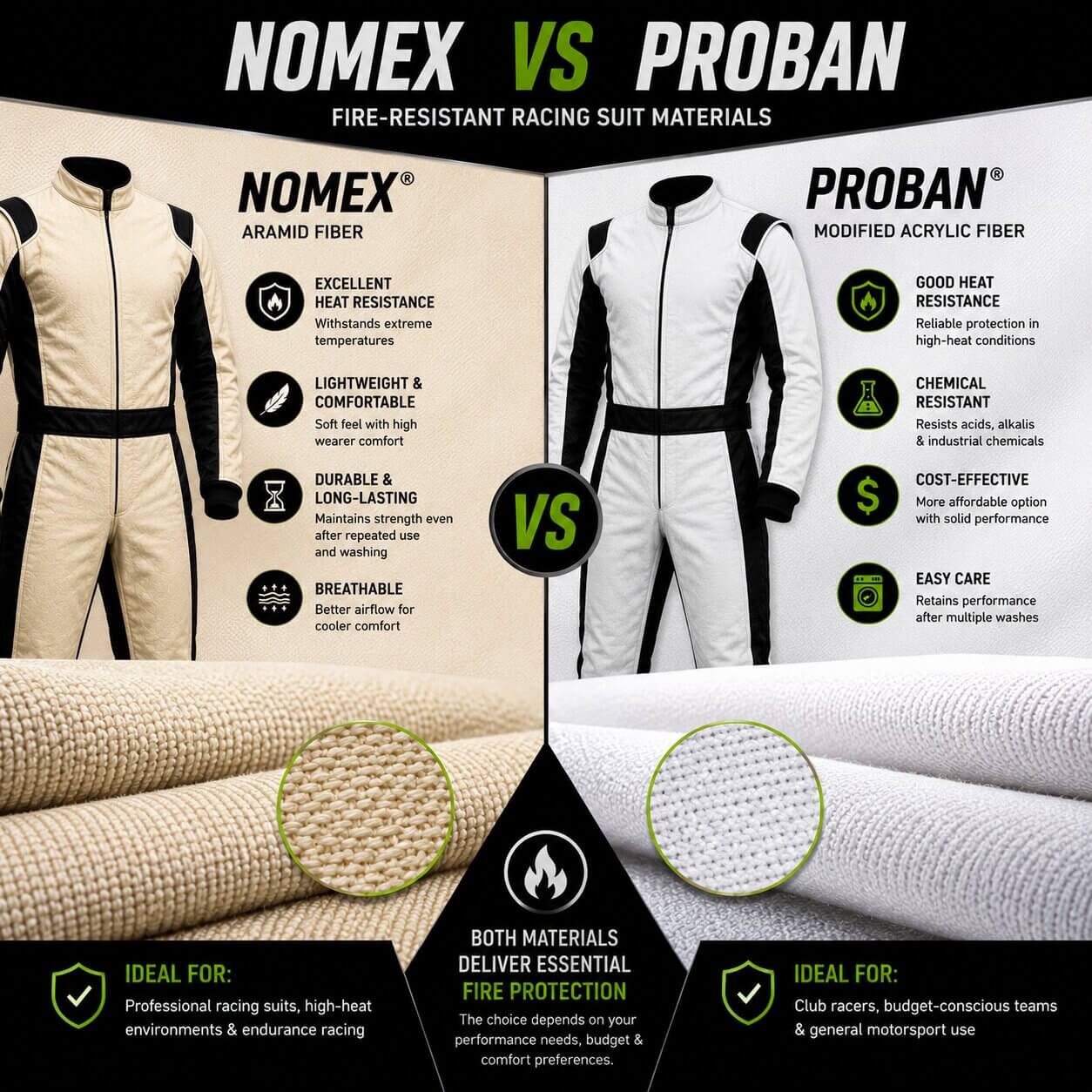 Nomex vs Proban Fire-Resistant Racing Suit Materials Comparison For Motorsport Drivers